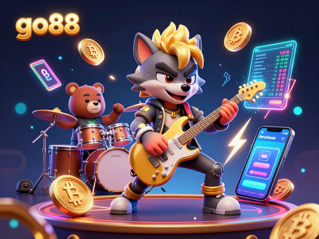 Experience the thrilling go88 performance as a rock star wolf and bear drummer energize the casino stage!