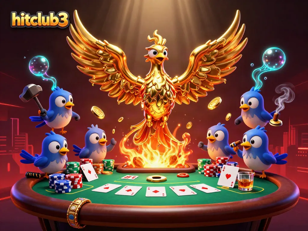 Experience the excitement of hitclub3 with the golden phoenix casino scene and poker elements.