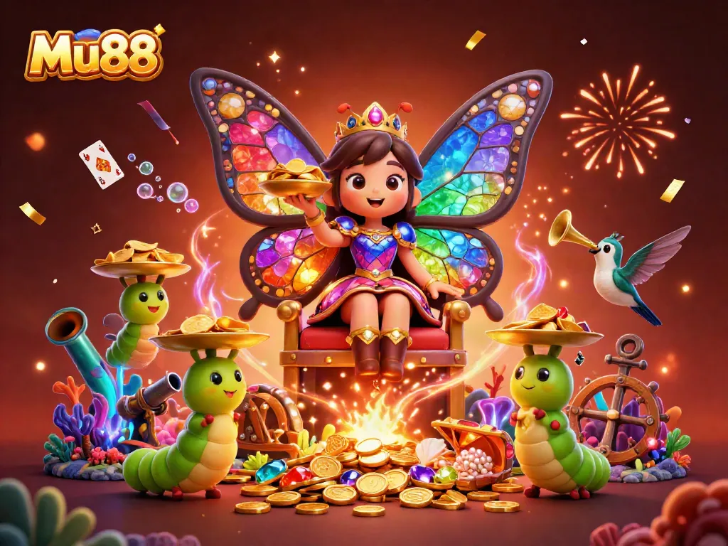 Experience the vibrant world of gambling with Mu88, featuring a butterfly queen surrounded by colorful casino elements.