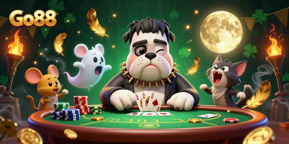 Go88 showcases a lively poker table scene with unique characters in a vibrant casino setting.