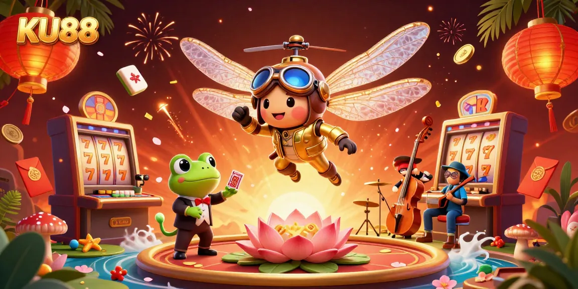 Engage in thrilling gaming at KU88 with vibrant casino scenes showcasing dragonfly pilots and lively croupiers.