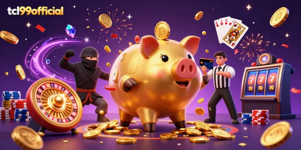 Experience excitement with tcl99official featuring animated casino characters amidst golden coins and vibrant elements.