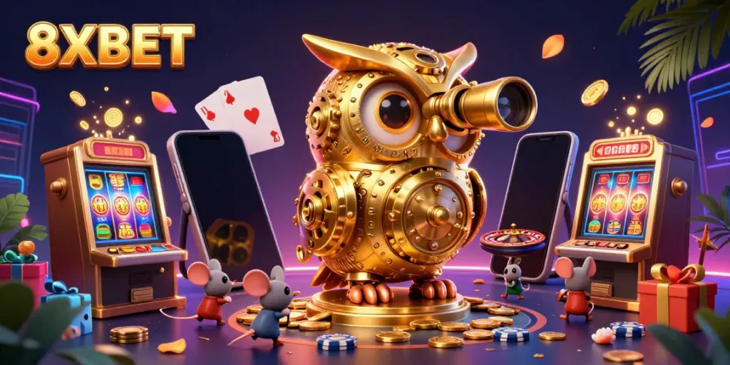 Experience the magic of 8XBET with a golden owl and vibrant casino elements in stunning 3D!