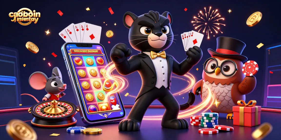 Caoboimientay showcases a stylish 3D panther dealing cards with casino elements in a vibrant digital space.