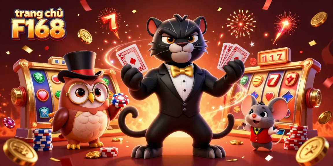 Engaging scene at trang chủ F168 with a stylish black panther, adorable owl, and lucky mouse playing cards and enjoying casino games.