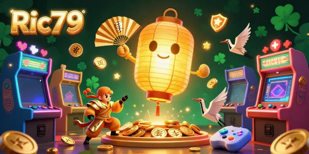 Experience vibrant casino gaming action with Ric79 in a lively 3D illustration featuring golden themed characters.