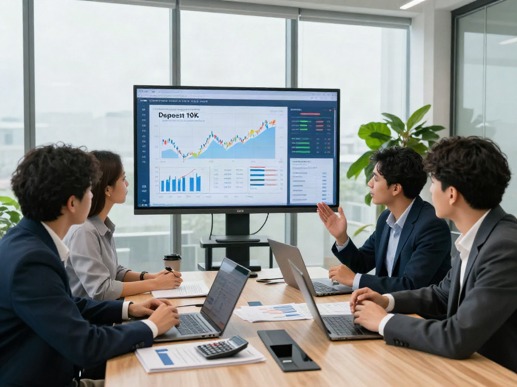 Strategic business meeting to discuss deposit 10k investment opportunities in modern office.