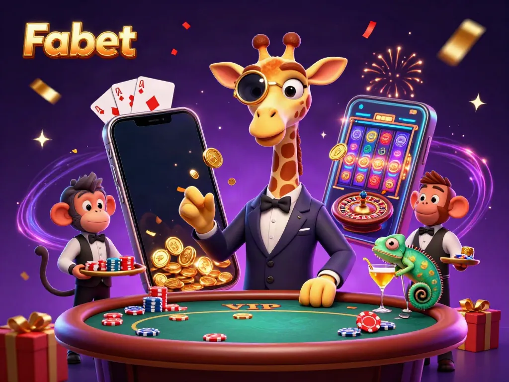 Join the excitement at Fabet with a lively illustration of a high-roller giraffe and friends in a casino scene.