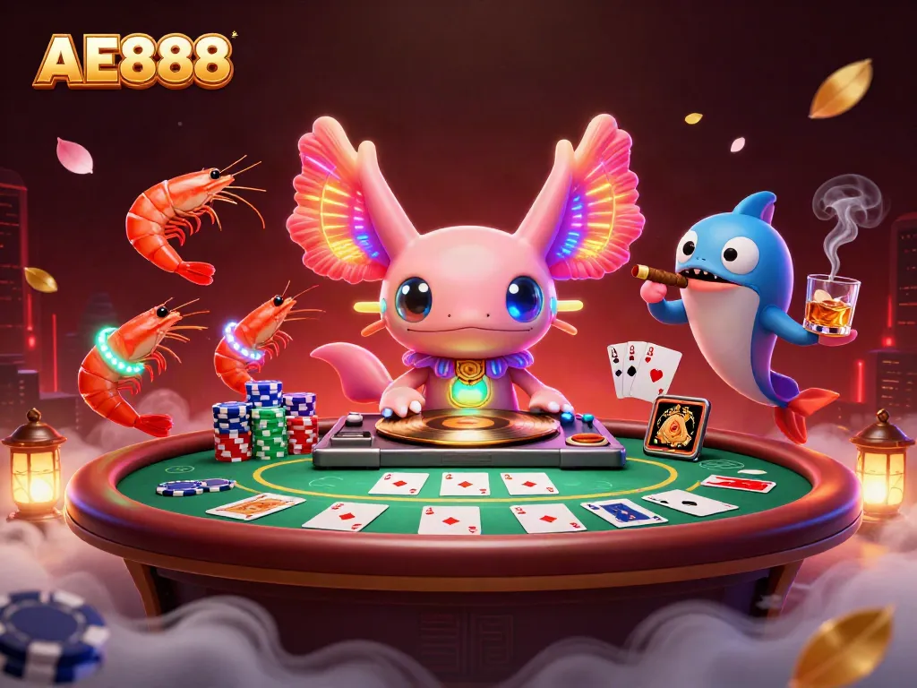 Experience AE888's vibrant casino world with a neon axolotl DJ, surrounded by poker and lively sea creatures.