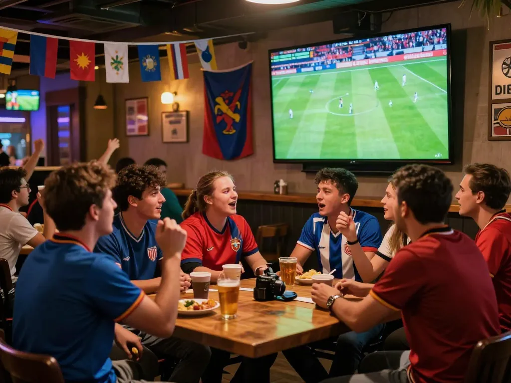 Thapcamtv fan gathering at lively sports bar, enjoying football match with excitement.