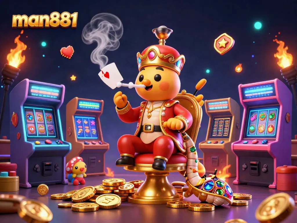 Engage with man881 and enjoy thrilling slot games in a vibrant 3D casino illustration.