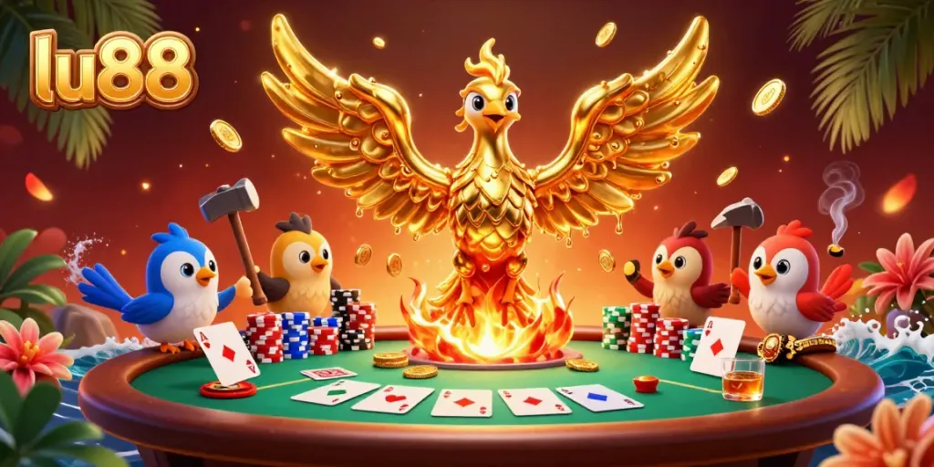 Experience thrilling wins at lu88 casino with an exciting 3D gold phoenix and poker elements.