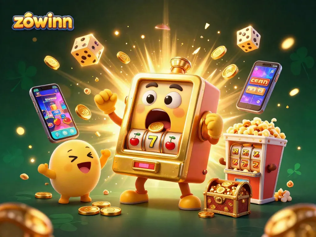 Zowinn slot machine winning coins in a lively casino scene with playful elements and vivid colors.