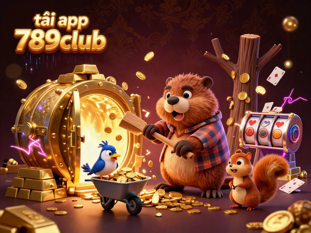 Experience the thrill of tải app 789club with a vibrant, engaging 3D illustration featuring cartoon characters and gold elements.