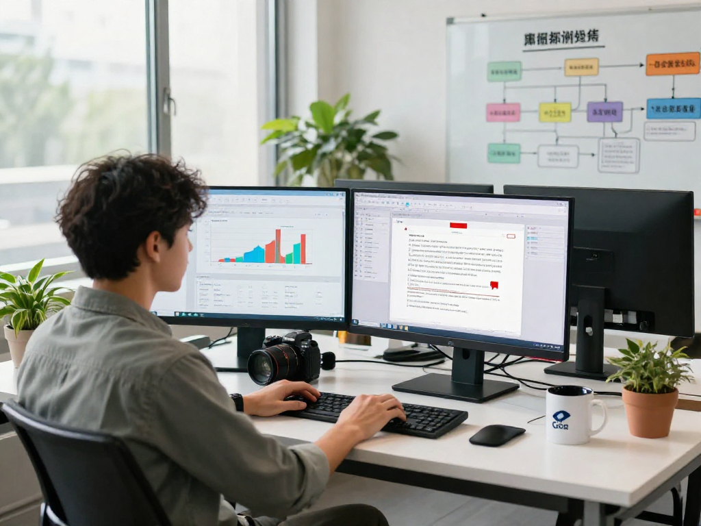 Document fraud detection workspace with a professional analyzing documents and fraud metrics on multiple screens.