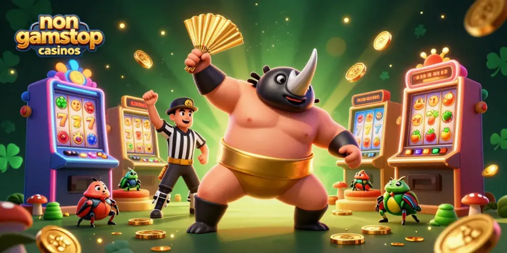 Experience excitement at non gamstop casinos with vibrant slot machines, beetle champions, and golden coins.