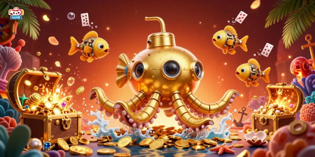 Experience the thrill of man88 with a vibrant underwater scene featuring a golden kraken, gold coins, and dynamic game elements.