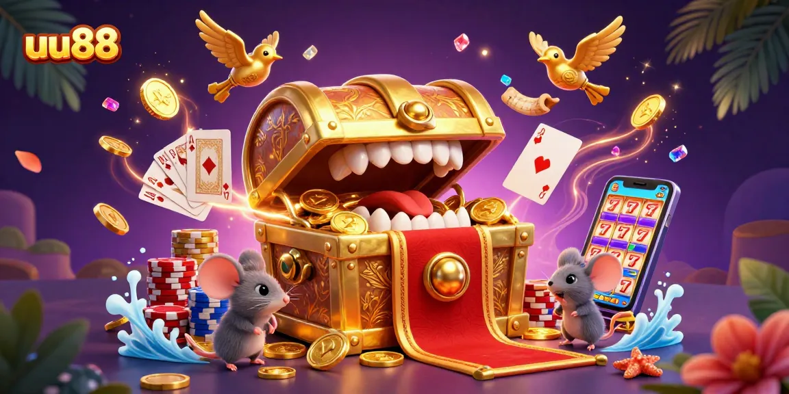 Engage in thrilling casino play with uu88, featuring a treasure chest and golden coins.