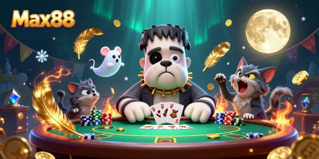 Max88 offers a thrilling poker scene with a cartoon bulldog dealer amidst an energetic casino atmosphere.