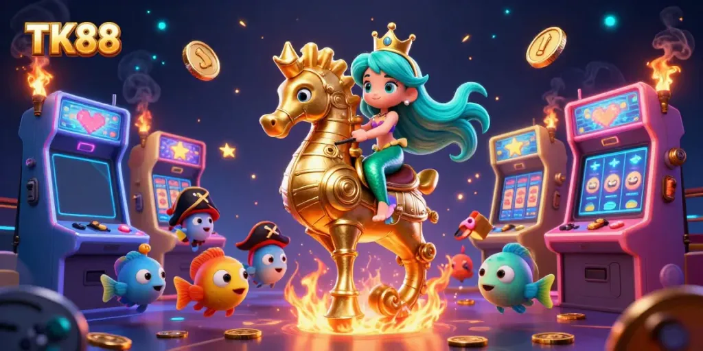 Engage in exciting slots with TK88, featuring a mermaid, seahorse, and colorful game elements.