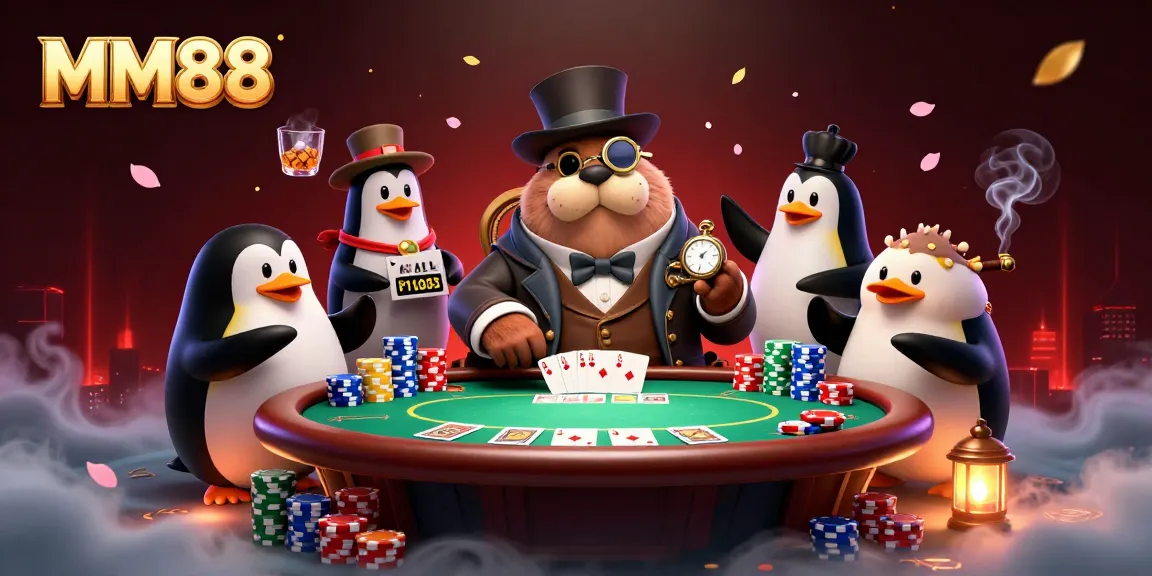 MM88 showcases an underwater poker game with a jolly walrus, dealer penguin, and bluffing pufferfish.