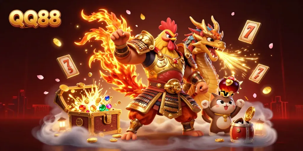Engage with QQ88's exciting slots and jackpots through a vibrant, action-packed casino illustration.