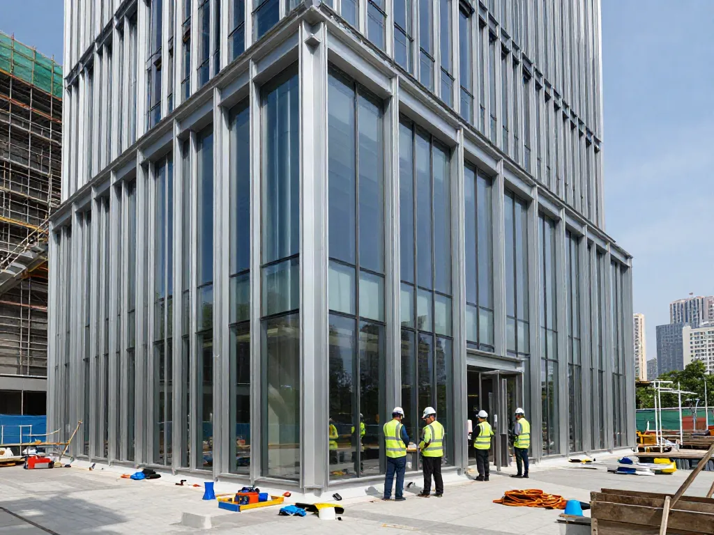 Curtain wall system installation with construction team on modern high-rise.