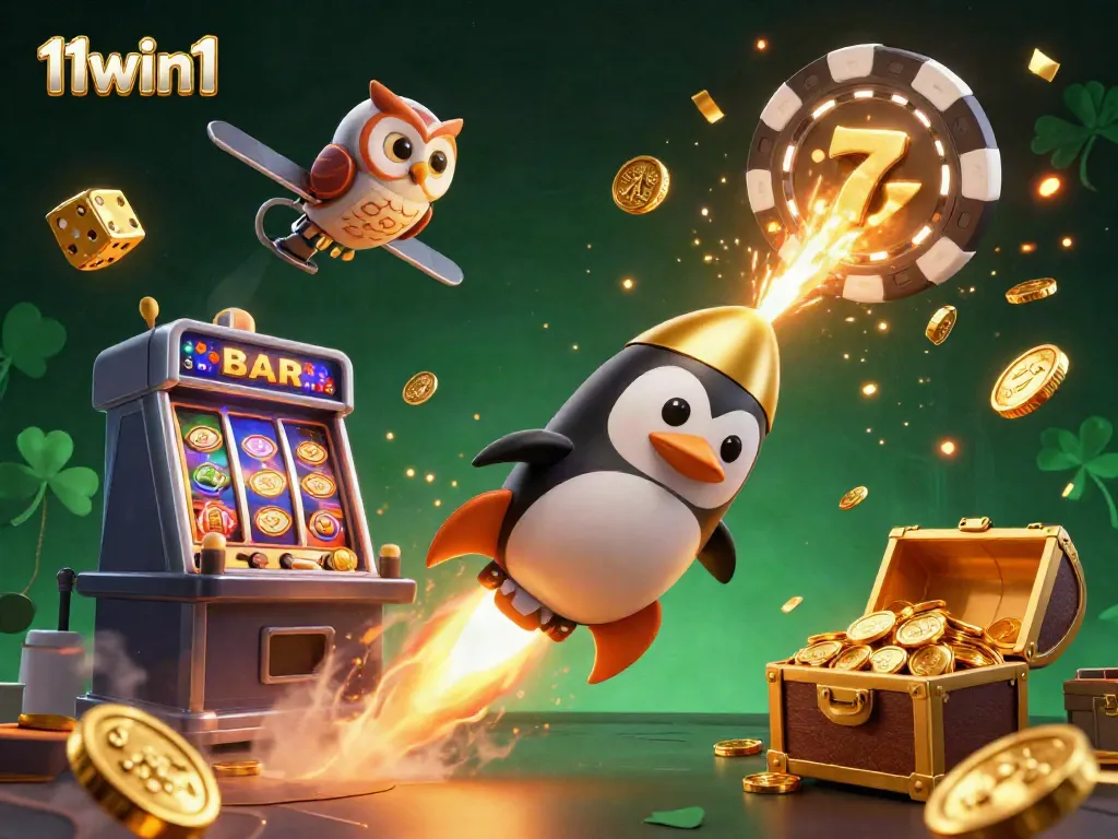 Experience thrilling gameplay and wins with 11win1 at this vibrant casino visuals scene featuring a golden penguin, slot machines, and exciting symbols.