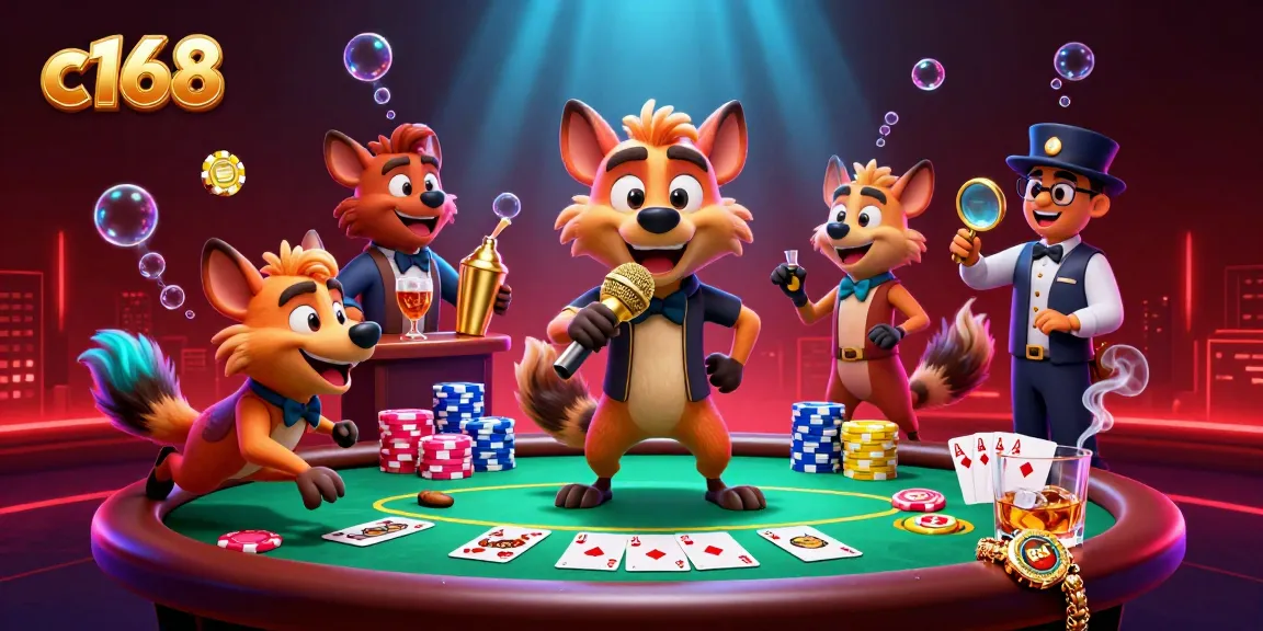 Experience excitement at c168's comedy casino with hyenas, poker chips, and vivid casino elements.
