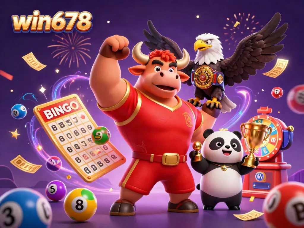 win678 casino celebrates with a muscular bull mascot and eagle amid colorful gambling elements and confetti