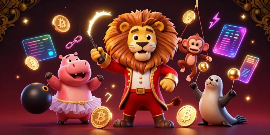 Experience the thrill of ty le nha cai through an engaging circus-themed 3D illustration showcasing entertaining characters and vibrant crypto elements.