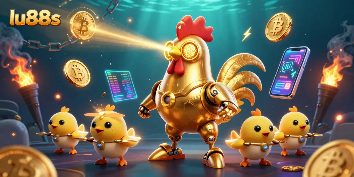 Experience exciting gameplay with lu88s, featuring the golden rooster robot and crypto elements.