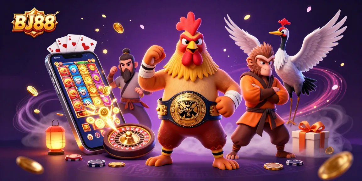 BJ88 showcases dynamic casino action with a Muay Thai rooster, Shaolin monkey, and wise crane master surrounded by gaming elements.