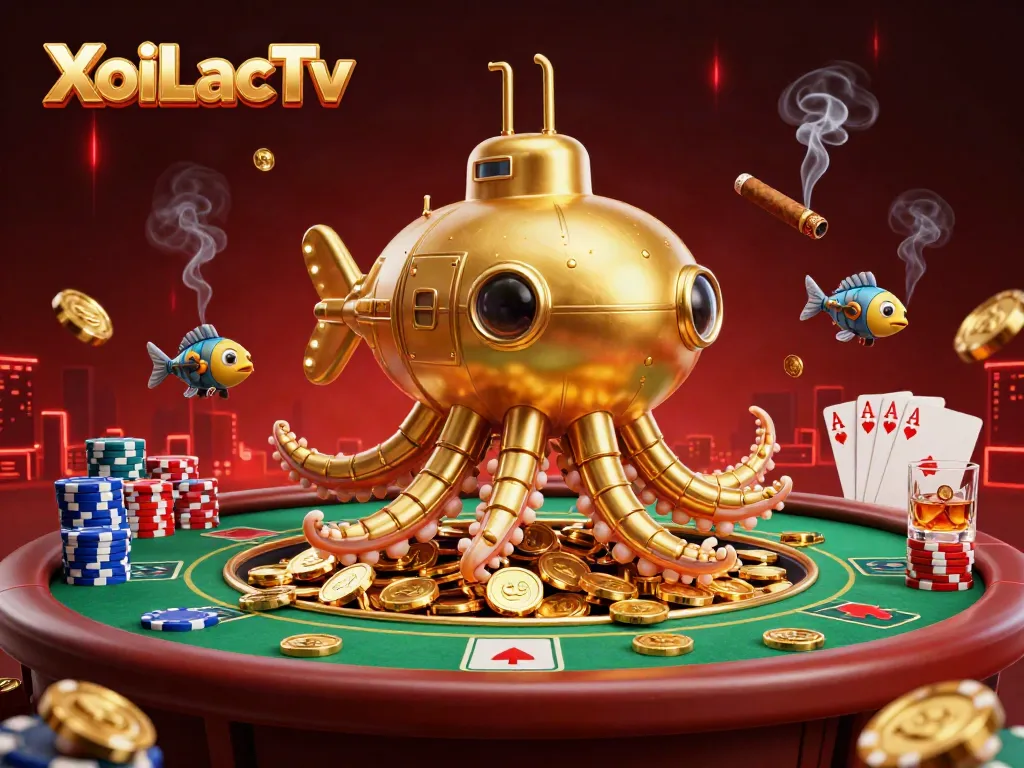 XoiLacTv showcases a golden kraken submarine amidst vibrant poker elements and coins, creating a dynamic gambling scene.