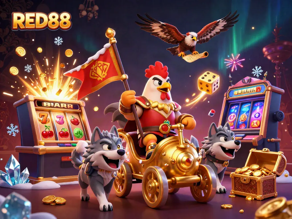 Experience thrilling gaming with the RED88 casino as characters celebrate a jackpot win amidst vibrant scenes.