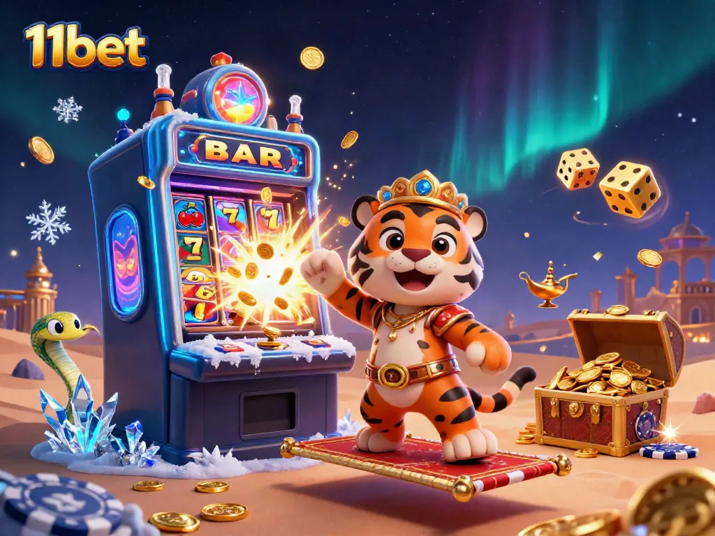 Experience thrilling gaming adventures with 11bet in this vibrant, detailed casino scene.
