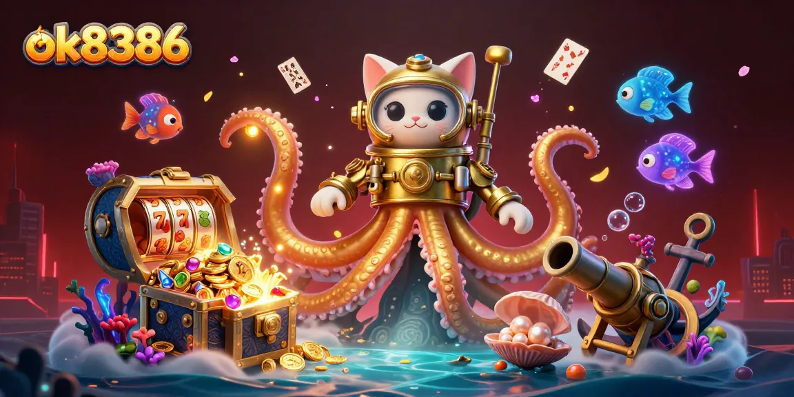 Win big with ok8386 as a colossal kraken and diving cat explore a vibrant underwater casino.