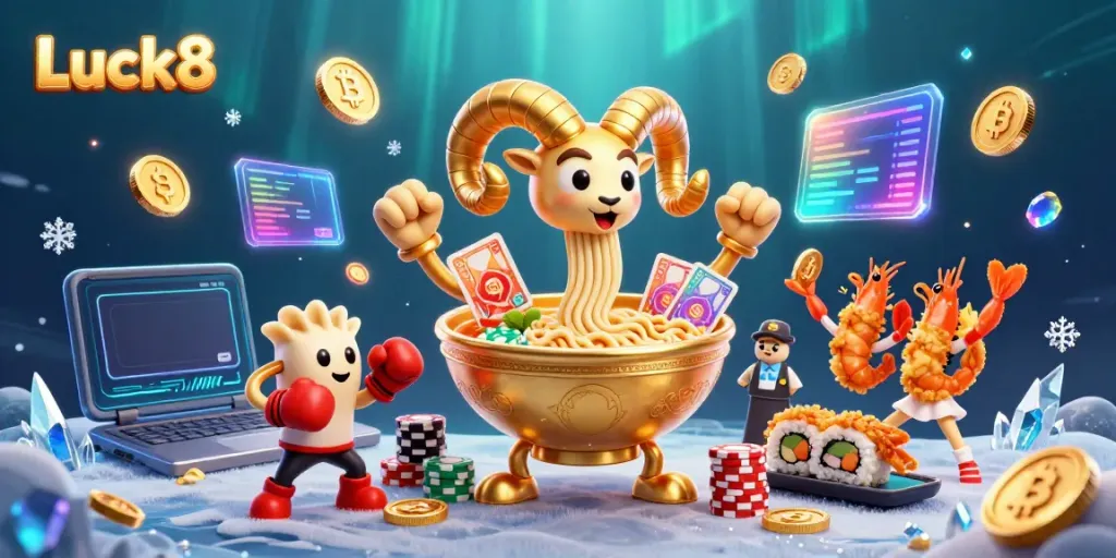 Luck8 casino experience with golden ramen bowl characters engaging in a festive gambling scene.