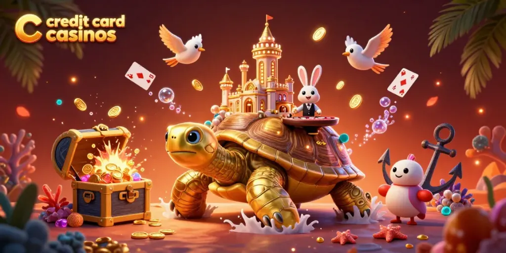 Engage with credit card casinos featuring a golden tortoise and vibrant gaming elements.