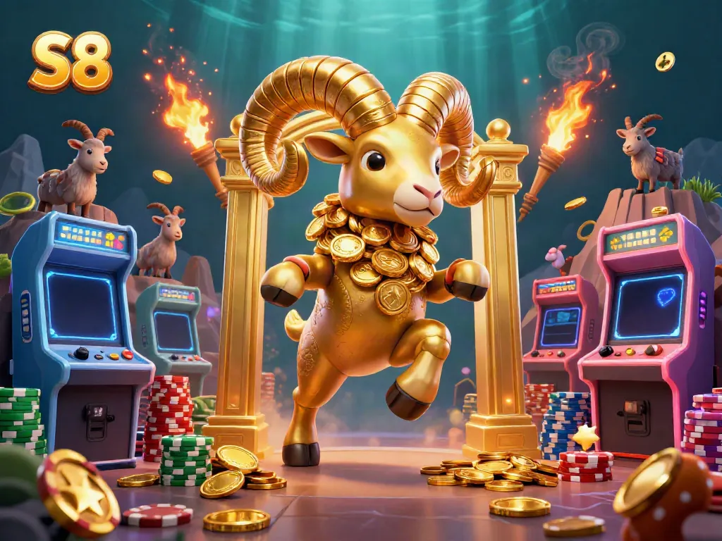 Experience the thrill of S8 with vibrant gaming elements and a stunning golden ram illustration.