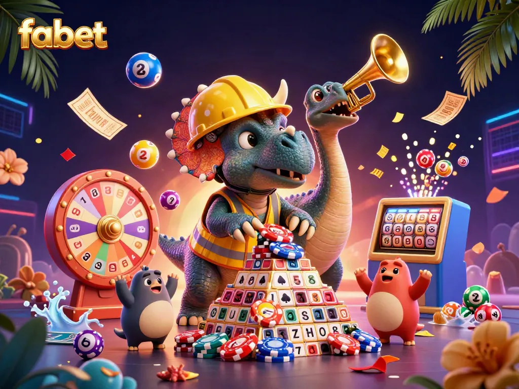 fabet showcases a thrilling cartoon scene with dinosaurs celebrating a poker game, filled with vibrant casino elements
