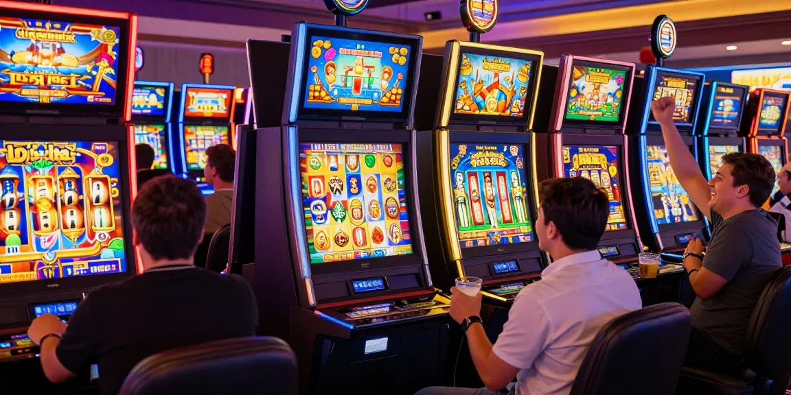 Excited players enjoying slot machines in a vibrant casino atmosphere