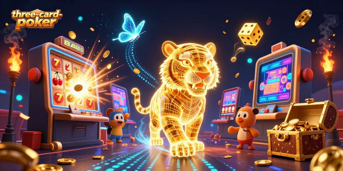 The three-card-poker game comes alive as a golden tiger prowls through a digital casino landscape, surrounded by vibrant slot machines and gold coins.
