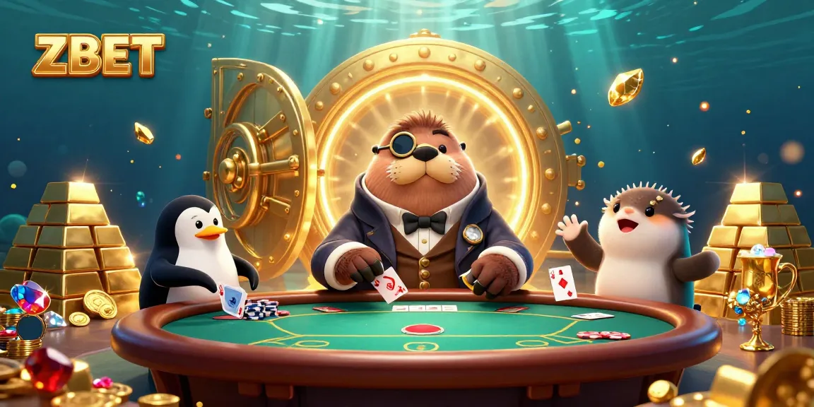 Experience poker thrill with ZBET’s vibrant illustration featuring a walrus, penguin dealer, and pufferfish bluffing.