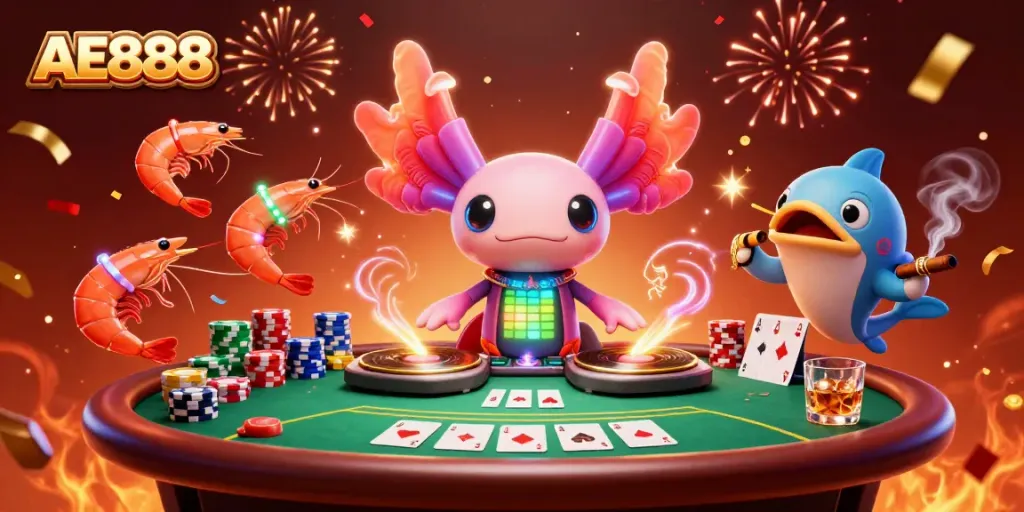 Experience the vibrant AE888 casino scene with a 3D axolotl DJ and energetic shrimp dancers.