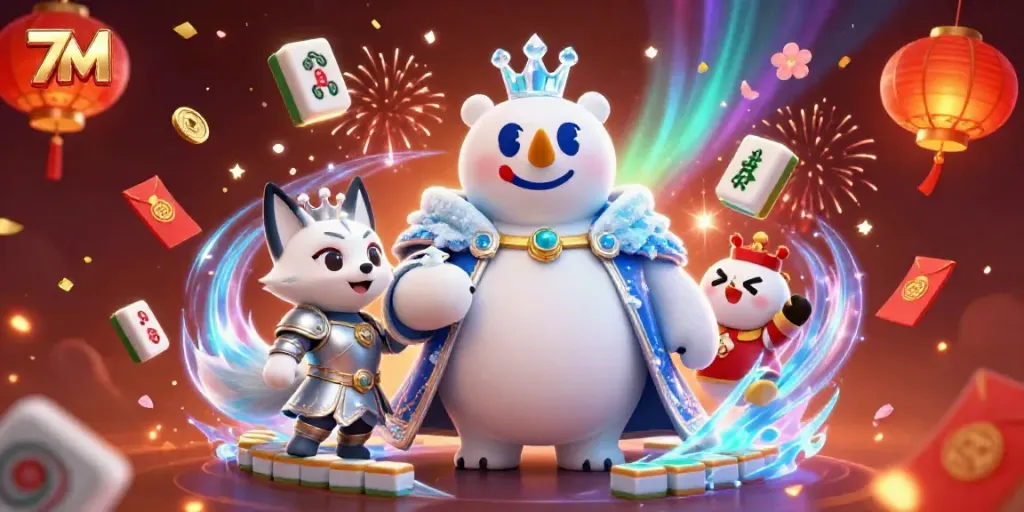 Engage with 7M's dynamic online casino experience highlighted by vibrant characters and festive elements.