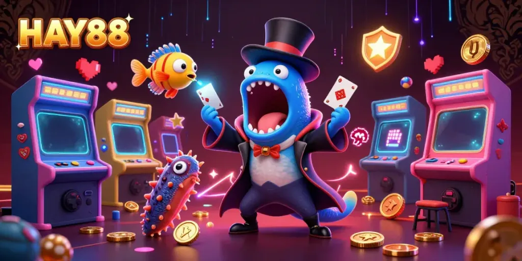 Engage with HAY88's vibrant casino experience featuring magical sea creatures and arcade game elements.
