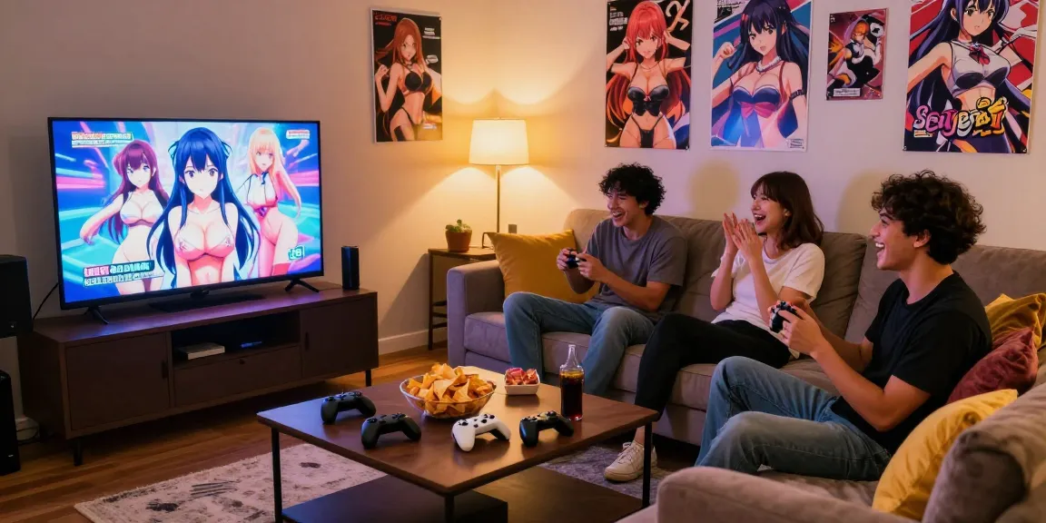 Enjoying real ecchi games in a lively group setting with snacks and gaming controllers