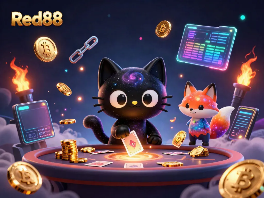 Experience thrilling games at Red88 with a cosmic black hole cat and nebula fox in a vibrant casino.