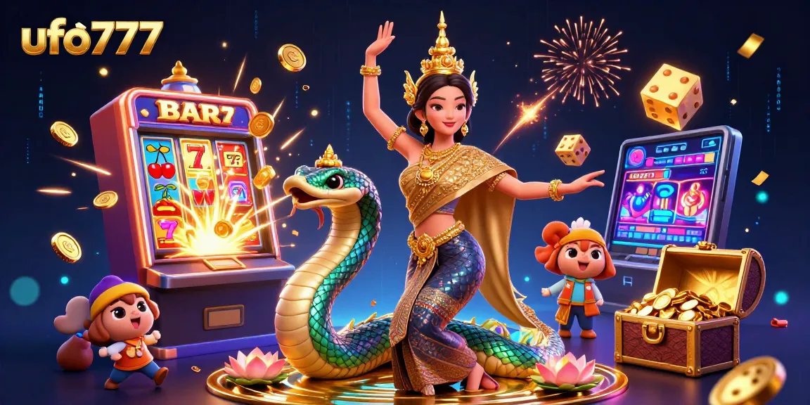 Win big with ufo777's vibrant online casino illustration featuring exciting game elements.